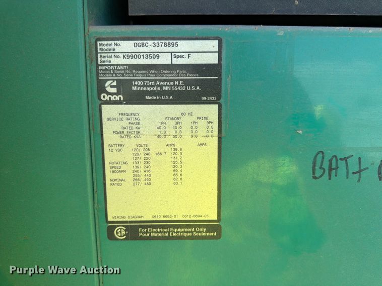 image for item YA4128 1999 Onan DGBC-3378895 generator 