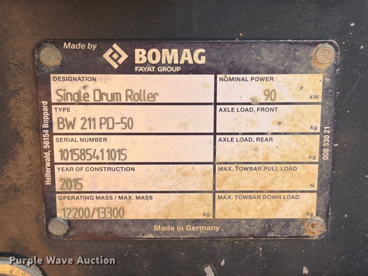 image for item ED5353 2015 Bomag BW 211 PD-50 single drum vibratory roller