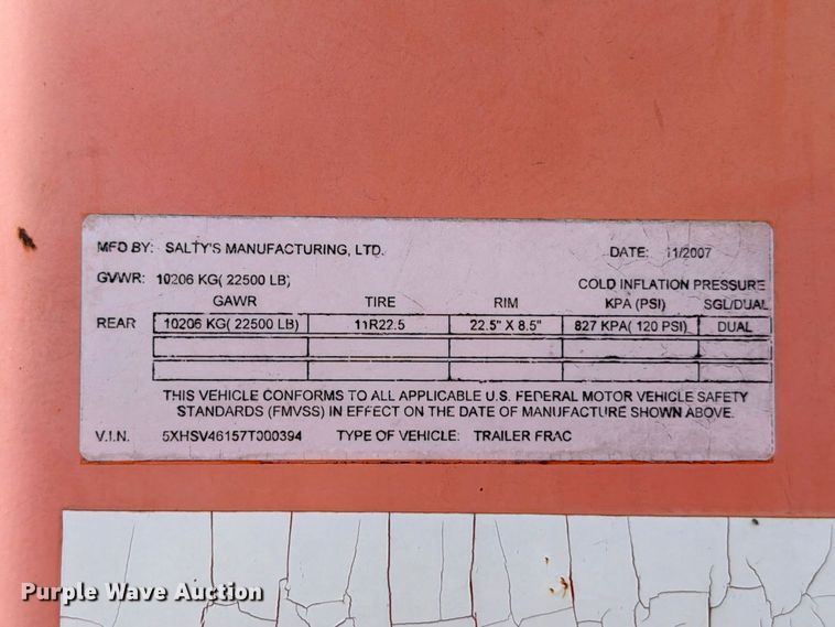 image for item ED5426 2007 Salty's Manufacturing frac tank trailer