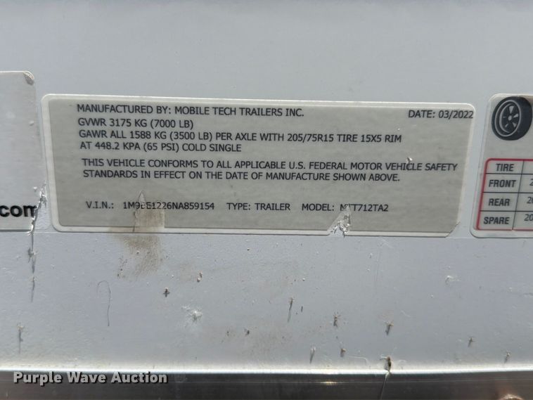 image for item EG9264 2022 Mobile Tech Trailers MTT712TA2 fiber optic splicing trailer