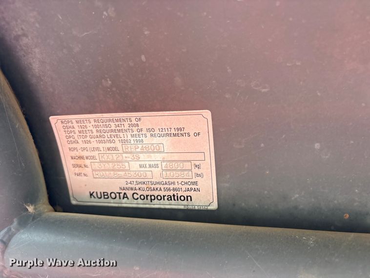 image for item ET0115 2013 Kubota KX121-3 mini excavator