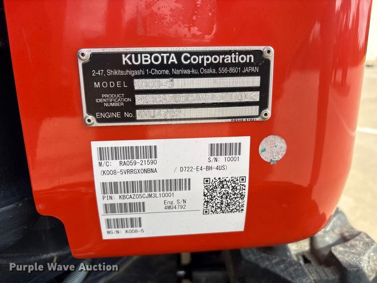 image for item ET0126 2021 Kubota K008-5 mini excavator