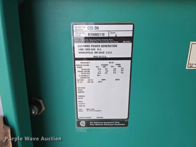 image for item EW0474 Cummins C25 N6 generator