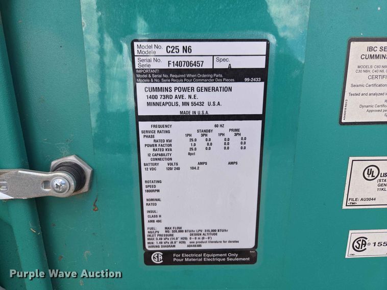 image for item EW0476 Cummins C25 N6 generator