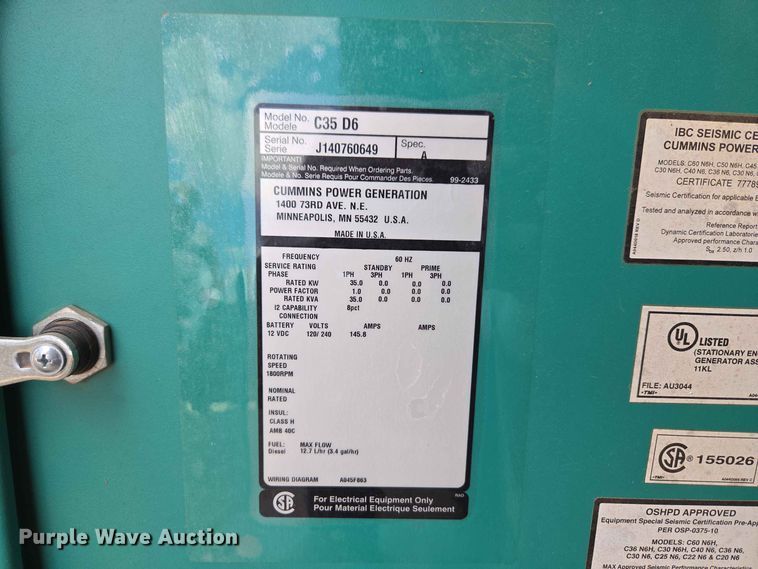 image for item EW0482 Cummins C35 D6 generator