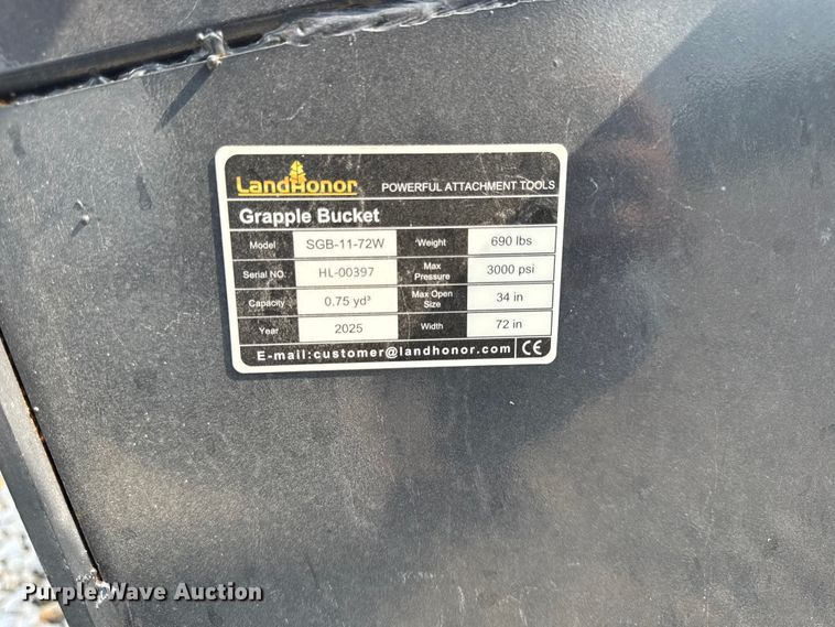 image for item EX2114 2025 LandHonor SGB-11-72W skid steer grapple bucket