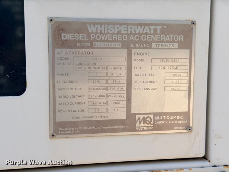 image for item FB8269 2014 Multiquip DCA-45SSIU4F generator