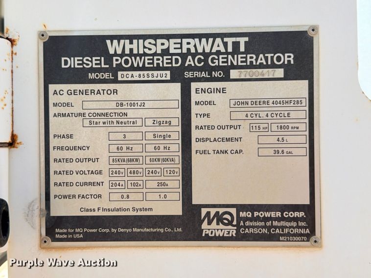 image for item FB8270 MQ Power Whisperwatt DCA-85SSJU2 generator
