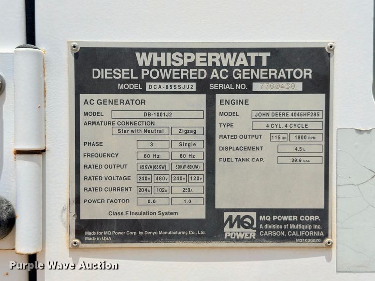 image for item FB8272 2010 Multiquip DCA-85SSJU2 generator