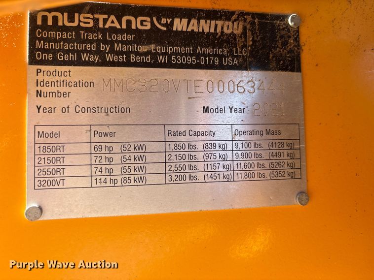 image for item FC2506 2021 Mustang by manitou 3200VT tracked skid steer loader