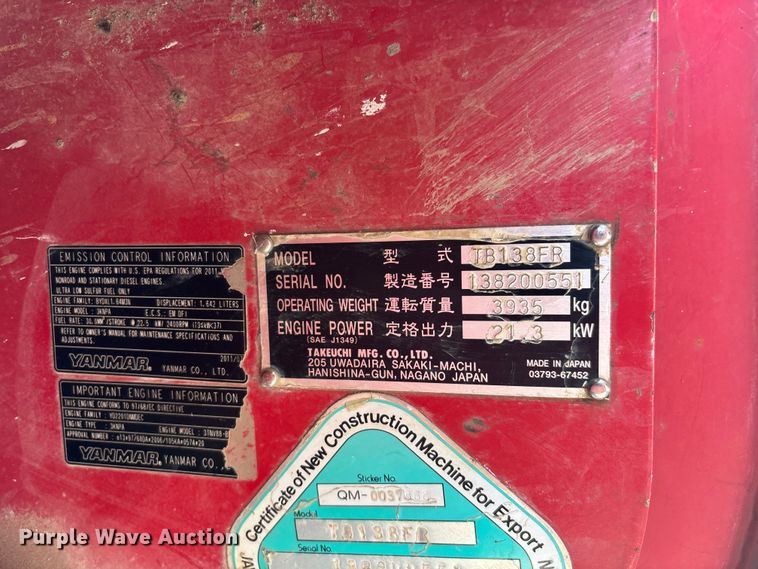 image for item FG0527 2012 Takeuchi TB138FR mini excavator