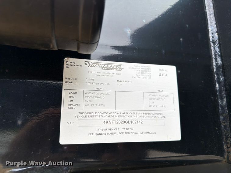 image for item FK4024 2016 Towmaster T-20 equipment trailer