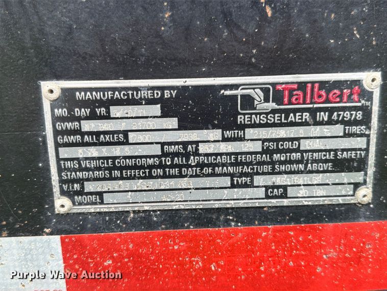 image for item FN5749 2011 Talbert AC-20 equipment trailer