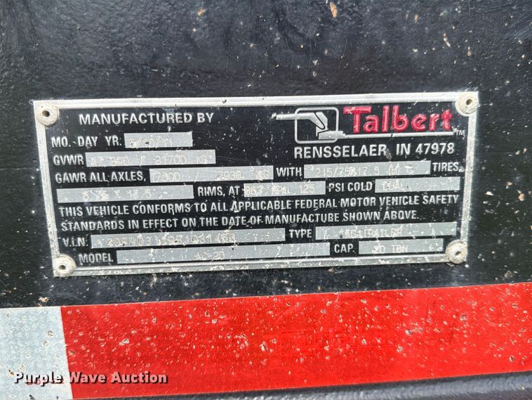 image for item FN5749 2011 Talbert AC-20 equipment trailer