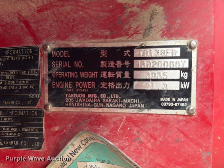 image for item FN5756 2013 Takeuchi TB138FR mini excavator