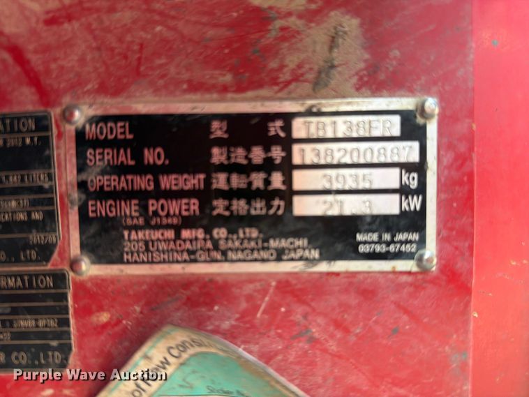 image for item FN5756 2013 Takeuchi TB138FR mini excavator