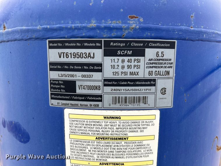 image for item NM9829 Hausfeld VT619503AJ air compressor