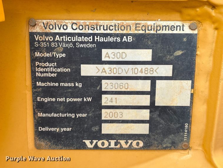 image for item YA3422 2003 Volvo A30D articulated haul truck