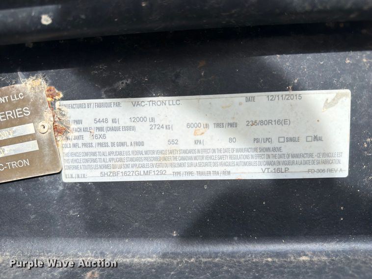 image for item YA3556 2016 Vac-Tron LP573-XDT vacuum trailer