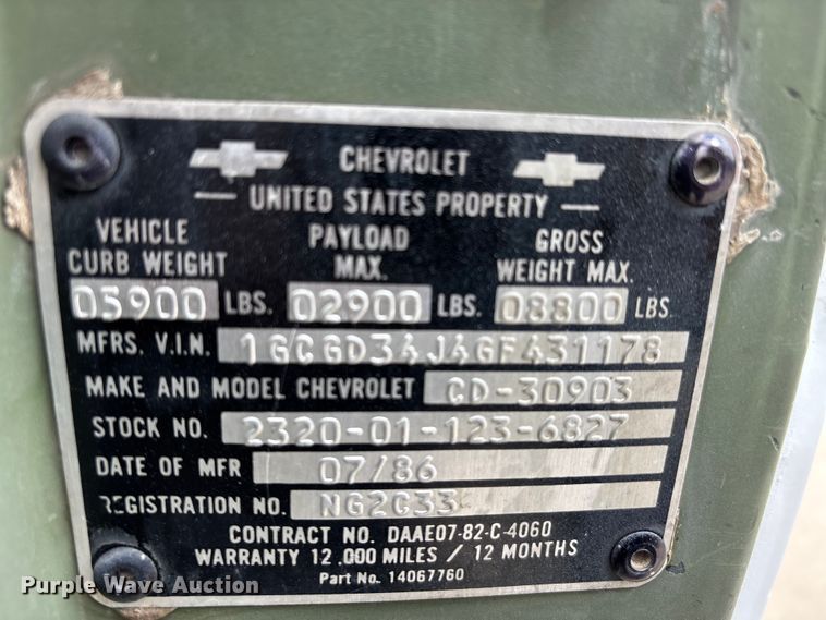 image for item ER3143 1986 Chevrolet D30 Military Postal Unit pickup truck