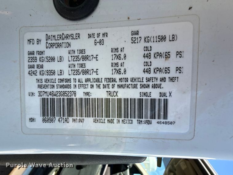 image for item EW4041 2003 Dodge Ram 3500 pickup truck cab and chassis