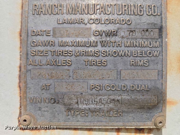 image for item EW8501 1992 Ranch Manufacturing Co. bottom dump trailer