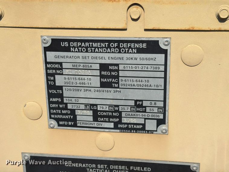 image for item EX4578 1999 Fremont Div MEP-805A generator