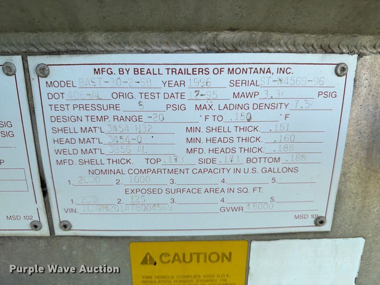 image for item DQ0075 1996 Beall BAST-30-2-SB tank trailer