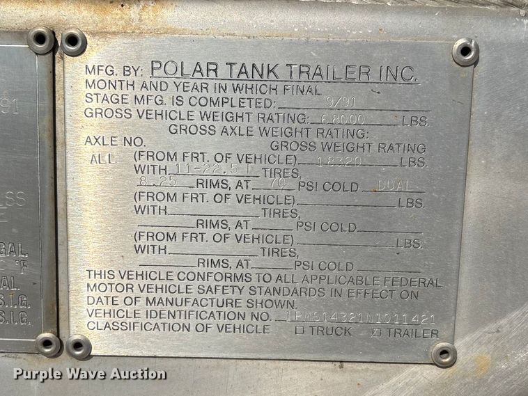 image for item DV4392 1992 Polar Tank Trailer, Inc. tank trailer