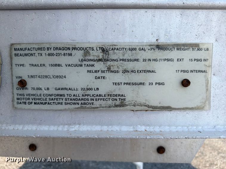 image for item EG9271 2012 Dragon Products 150BBL VACUUM TANK vacuum trailer