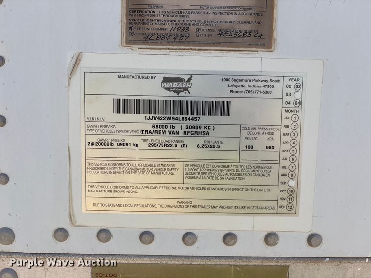 image for item EL2517 2004 Wabash refrigerated van trailer