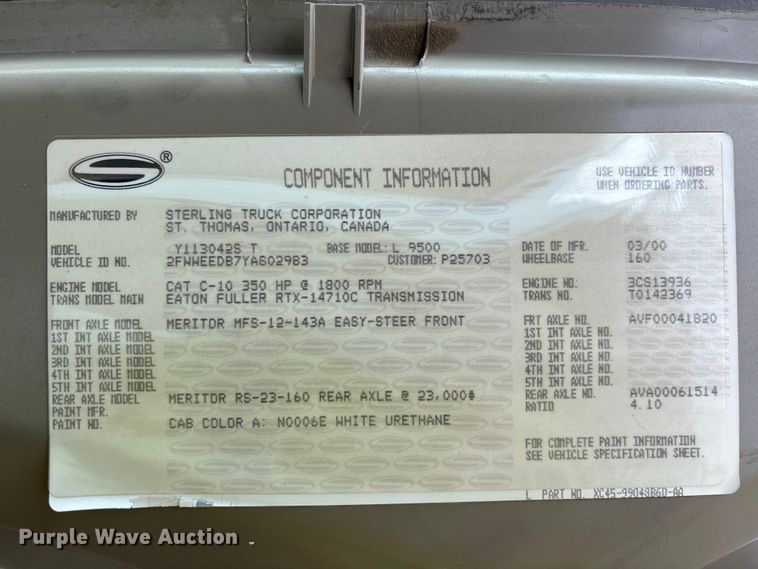 image for item EL2537 2000 Sterling L9500 Series water truck