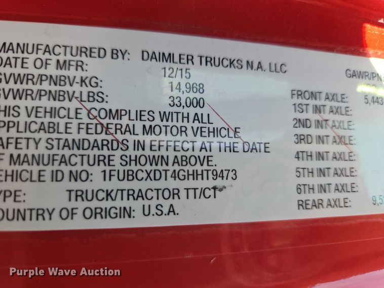 image for item ET5028 2016 Freightliner Business Class M2 semi truck