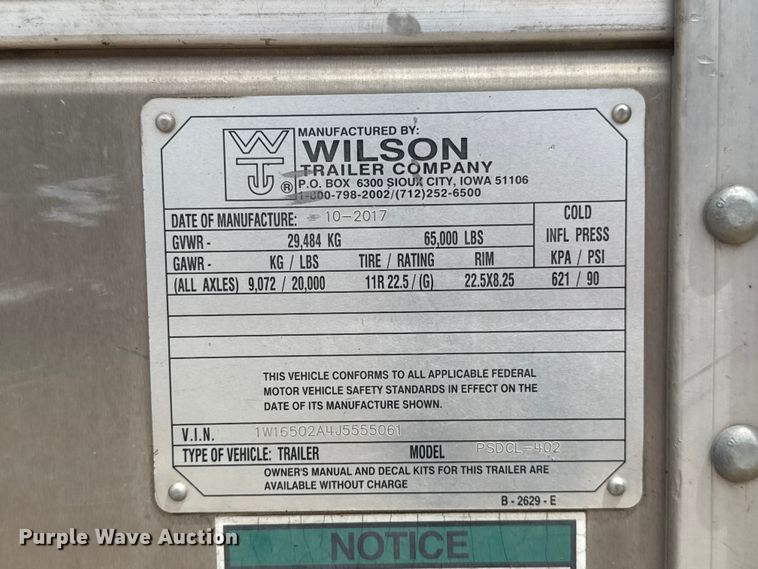 image for item FC4060 2018 Wilson PSDCL-402 livestock trailer