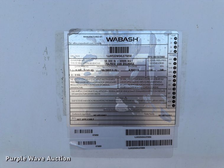 image for item FP4009 2004 Wabash DVLHHSA dry van trailer