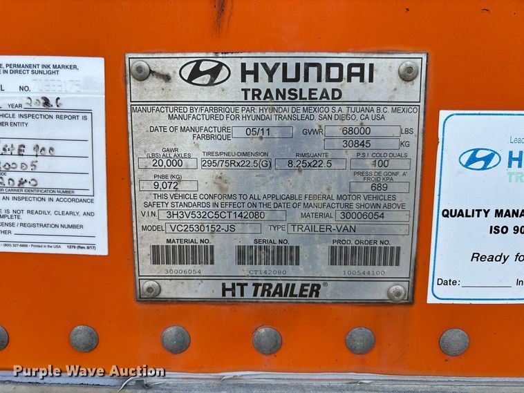 image for item YA4003 2012 Hyundai Translead VC2530152-JS dry van trailer