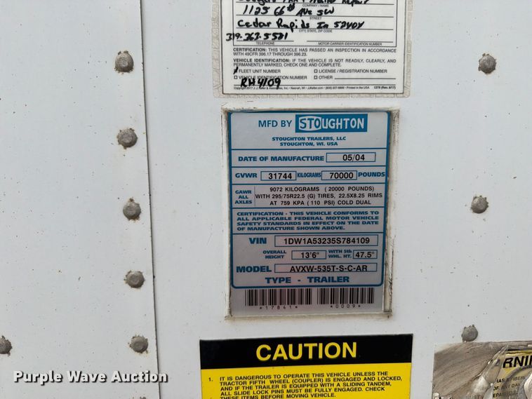 image for item YA4170 2005 Stoughton AVXW-535T-S-C-AR dry van trailer