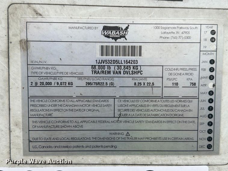 image for item YA4240 2020 Wabash DVLSHPC dry van trailer
