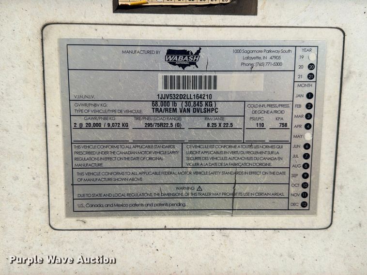 image for item YA4241 2020 Wabash DVLSHPC dry van trailer