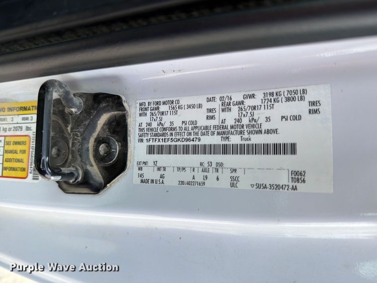 image for item DV8529 2016 Ford F150 Ext. Cab pickup truck