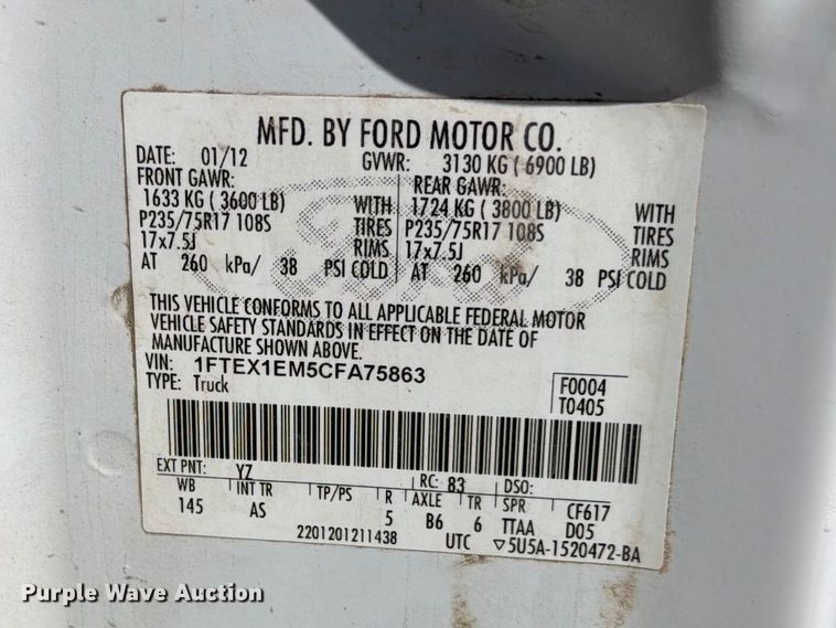 image for item ED0182 2012 Ford F150 Ext. Cab pickup truck