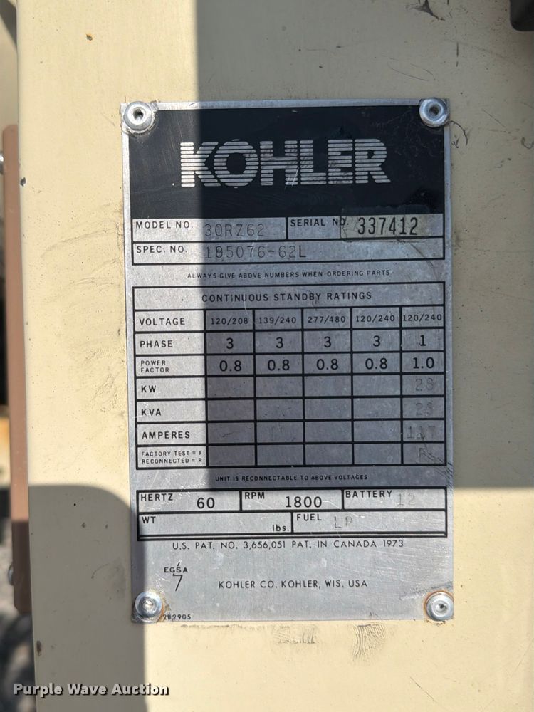 image for item EO8624 Kohler 30RZ62 generator