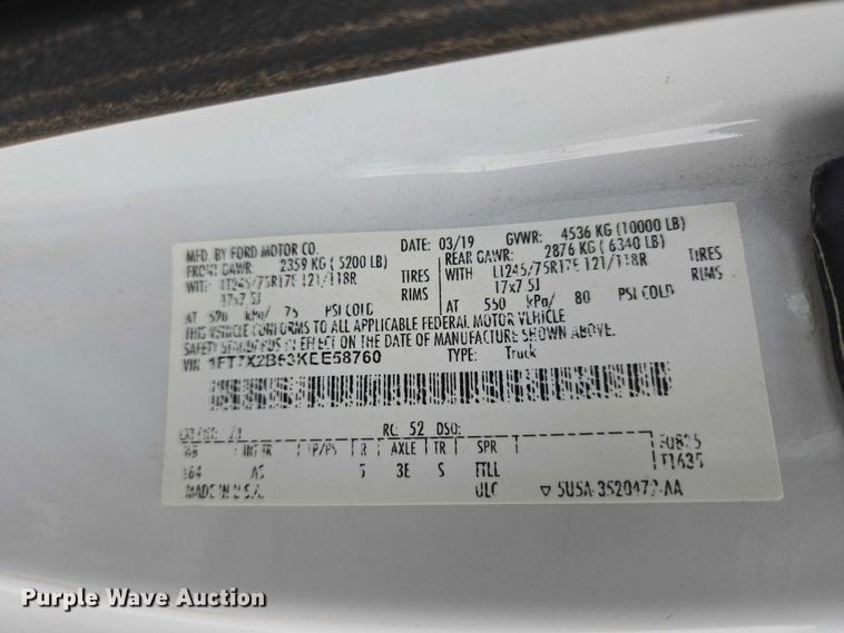 image for item EW0143 2019 Ford F250 Super Duty Ext. Cab utility bed pickup truck