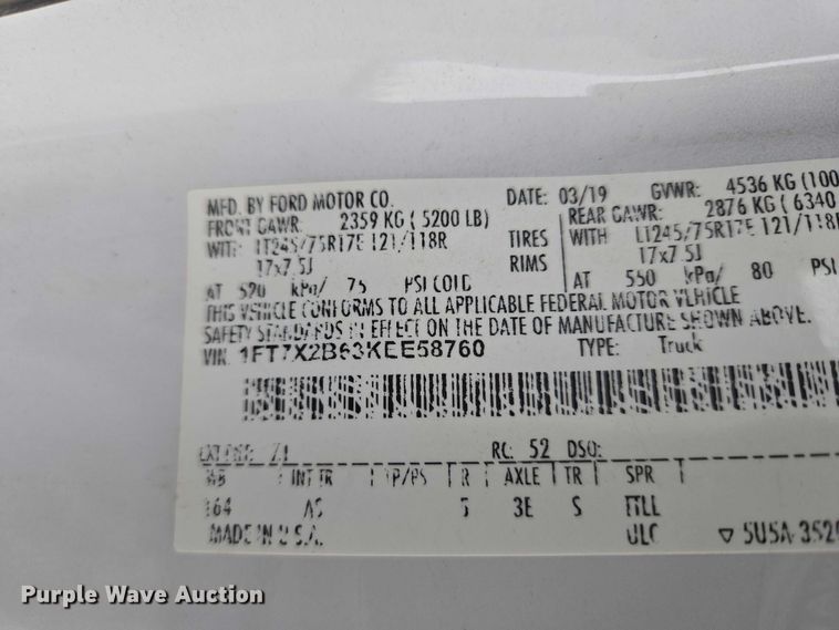 image for item EW0143 2019 Ford F250 Super Duty Ext. Cab utility bed pickup truck