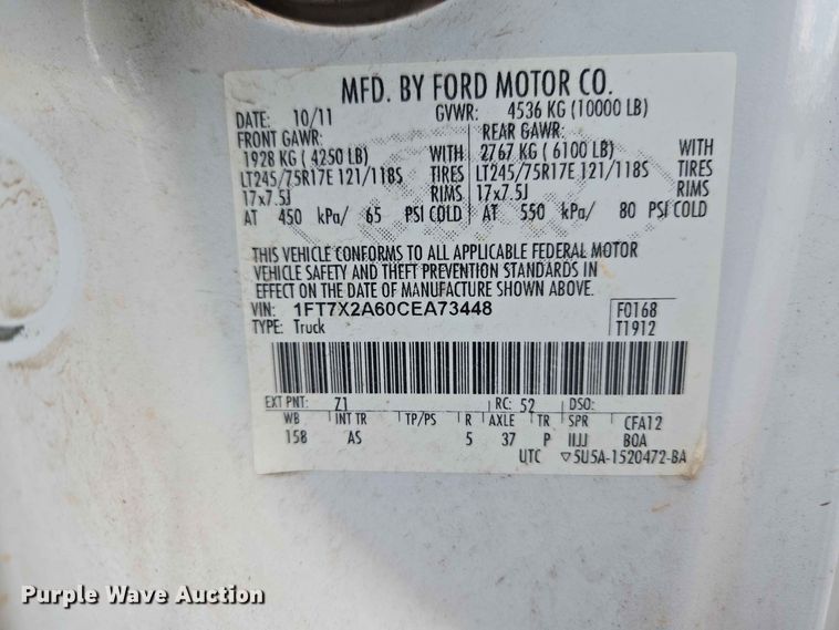 image for item EW0463 2012 Ford F250 Super Duty Ext. Cab pickup truck