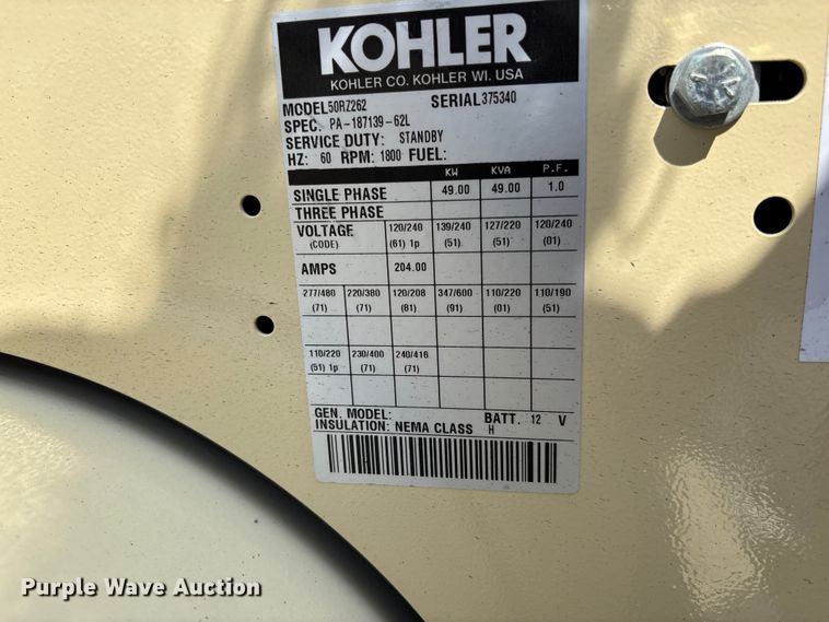 image for item FC1980 Kohler 50RZ262 generator