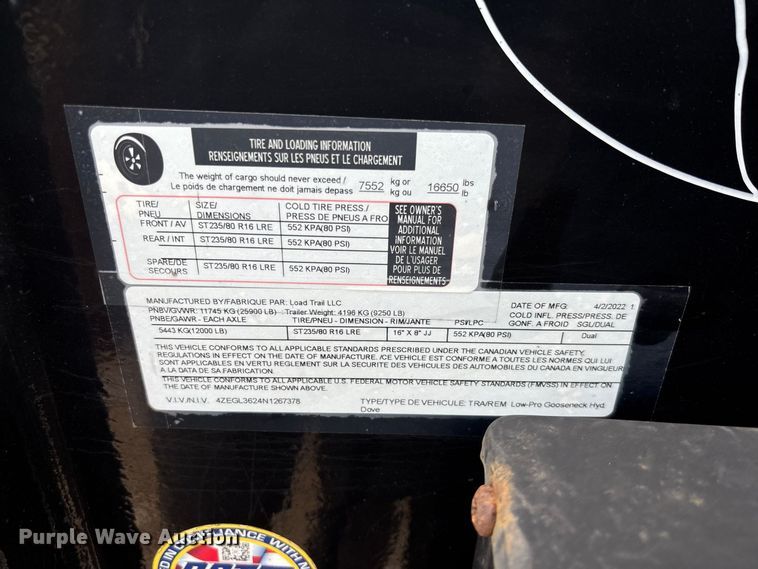 image for item FC1996 2022 Load Trail hydraulic tail equipment trailer