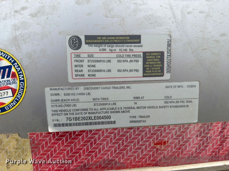 image for item FN5776 2020 Discovery Cargo Trailers, Inc. DRR8520TA5 enclosed cargo trailer