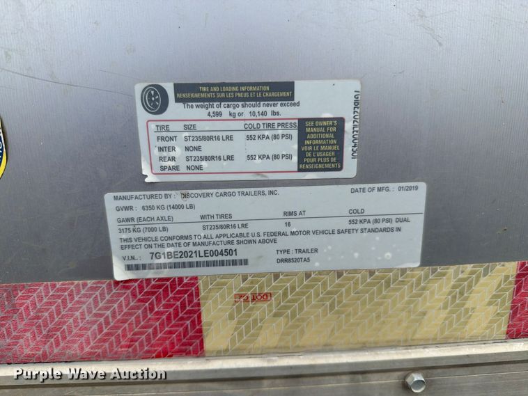 image for item FN5777 2020 Discovery Cargo Trailers, Inc. DRR8520TA5 enclosed cargo trailer