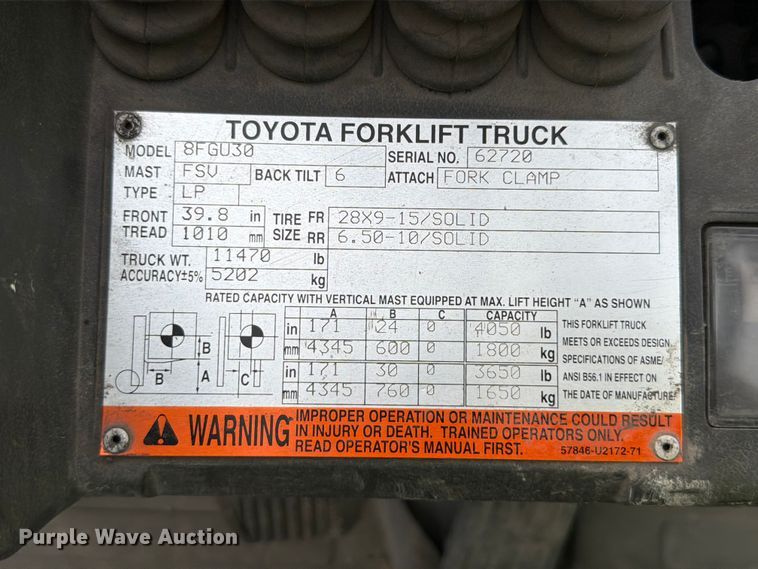 image for item FT6133 Toyota 8FGU30 forklift